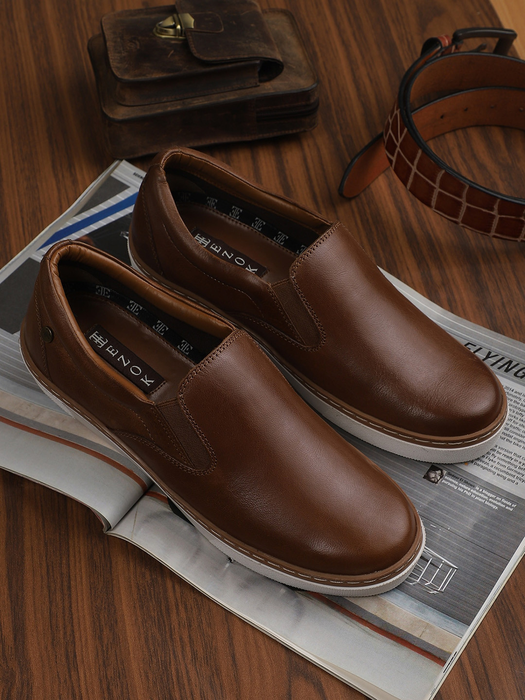 

EZOK Men Tan Leather Slip-On Sneakers