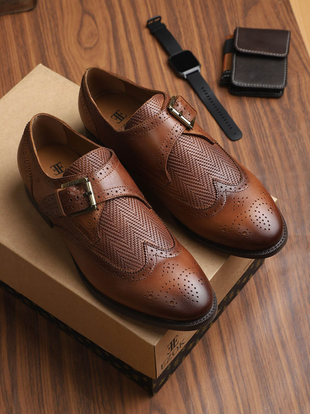 

EZOK Men Tan Brown Formal Monk Shoes