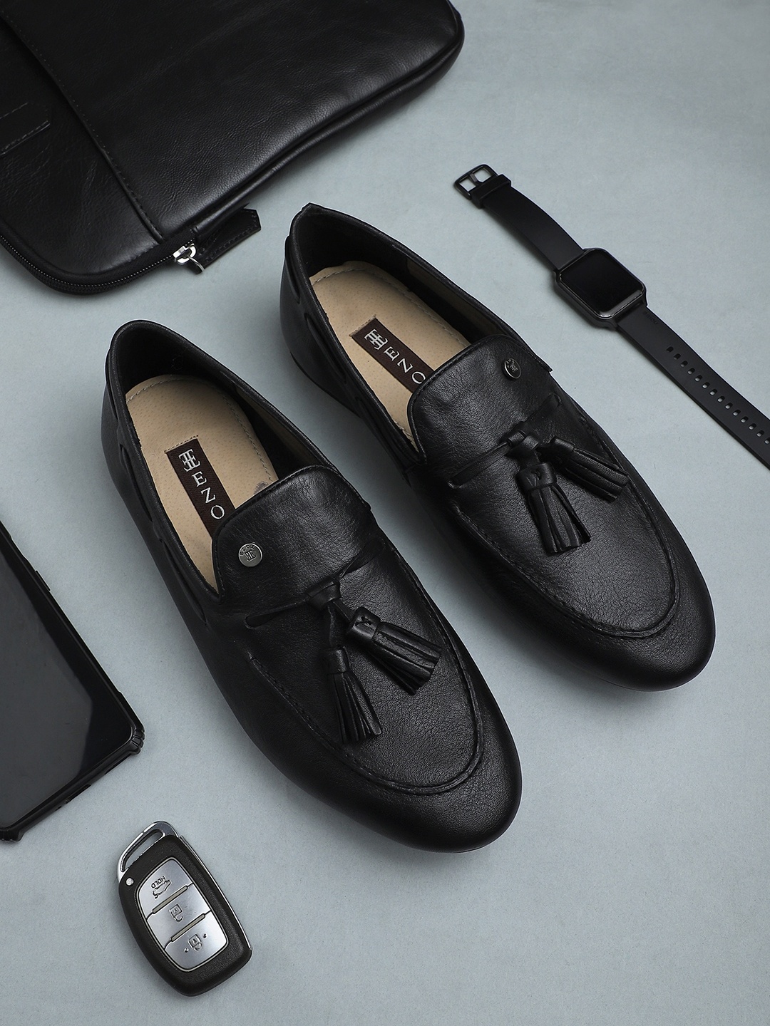 

EZOK Men Black Printed Leather Loafers