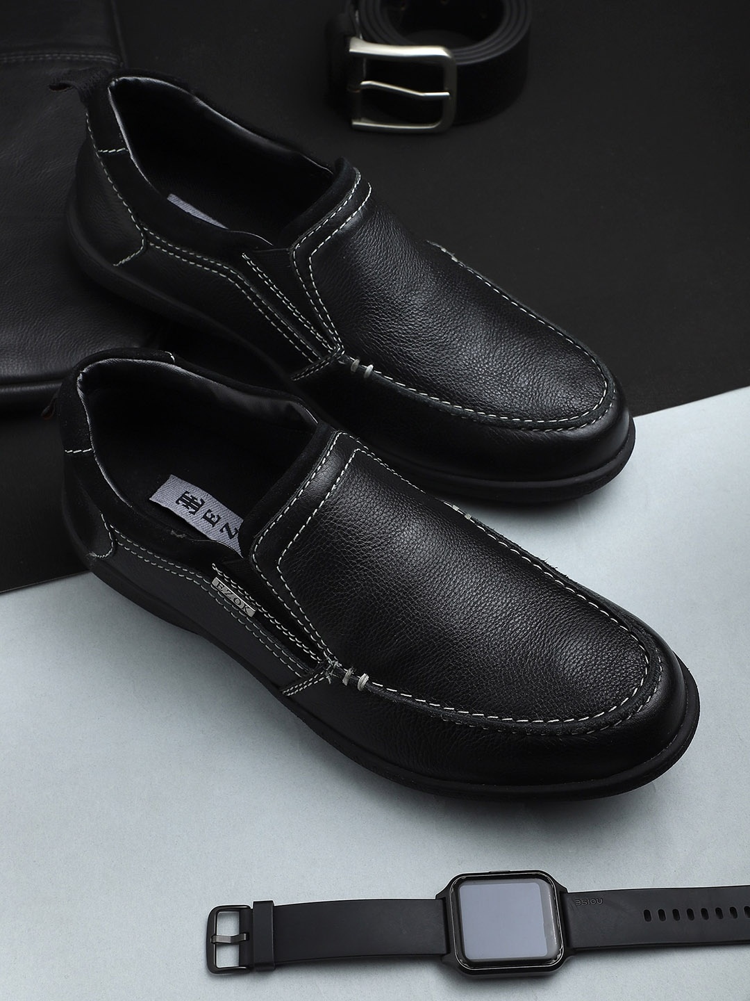 

EZOK Men Black Leather Slip-On Sneakers