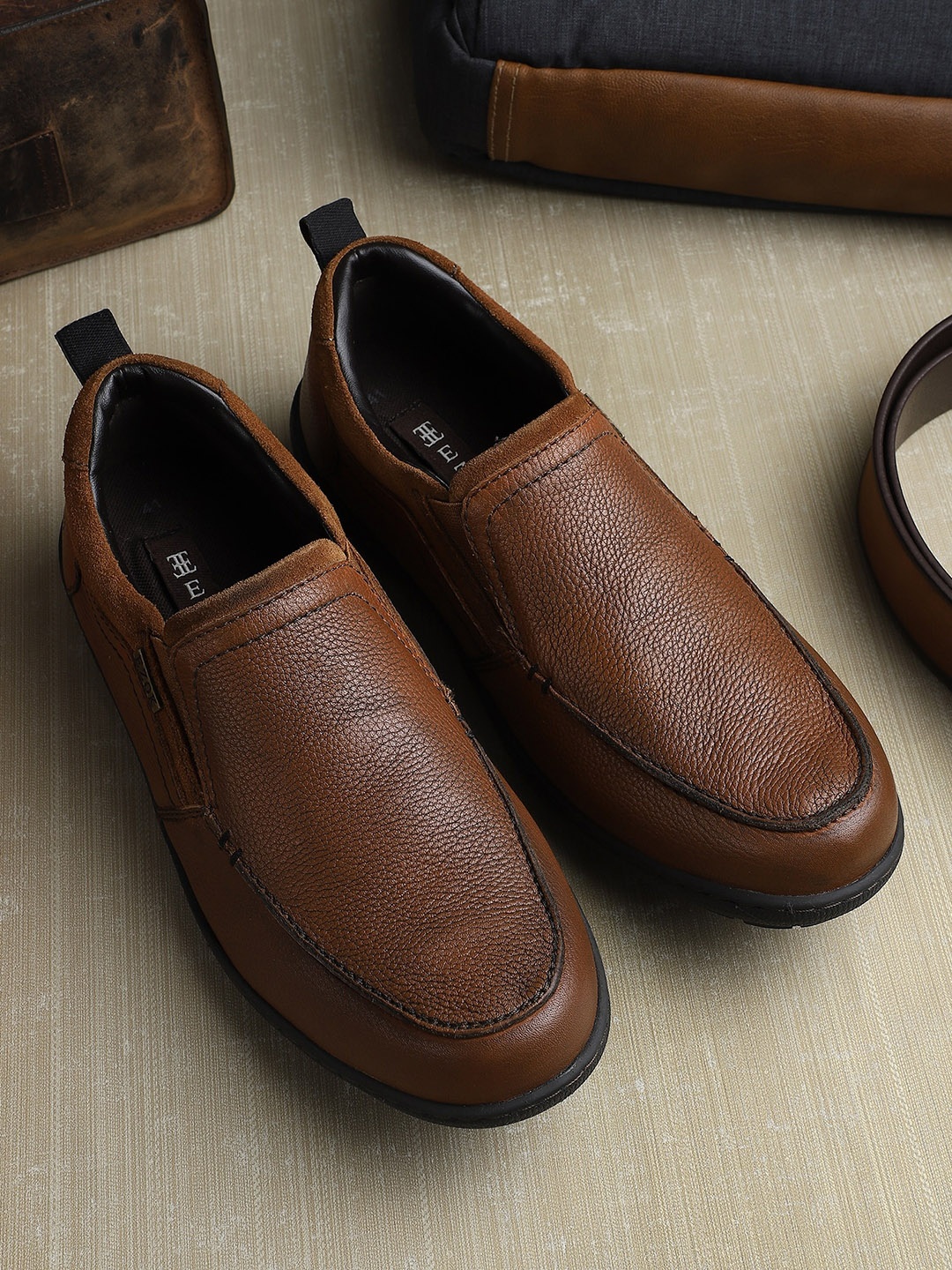 

EZOK Men Tan Leather Slip-On Sneakers