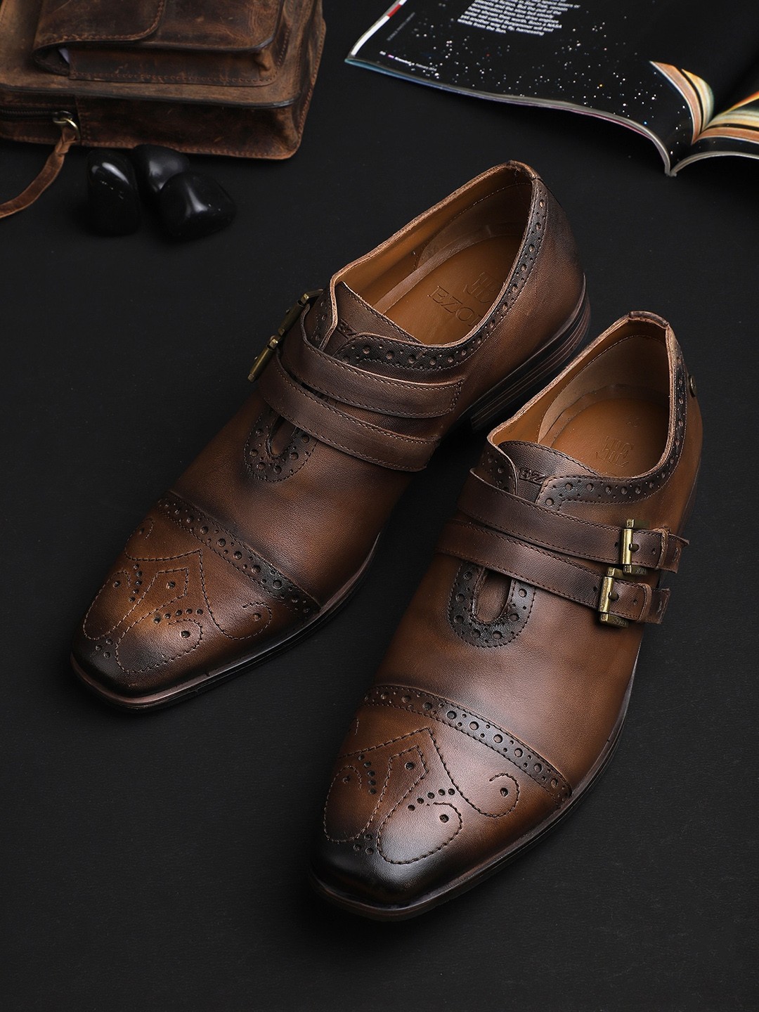 

EZOK Men Brown Solid Leather Monk