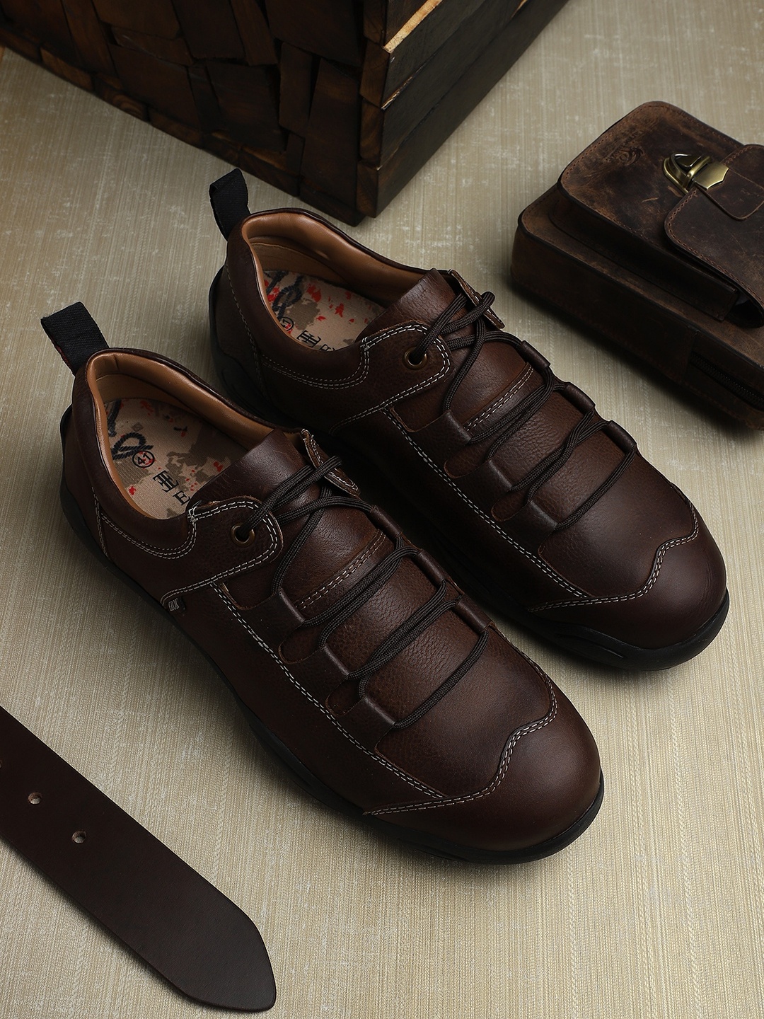 

EZOK Men Brown Leather Slip-On Sneakers