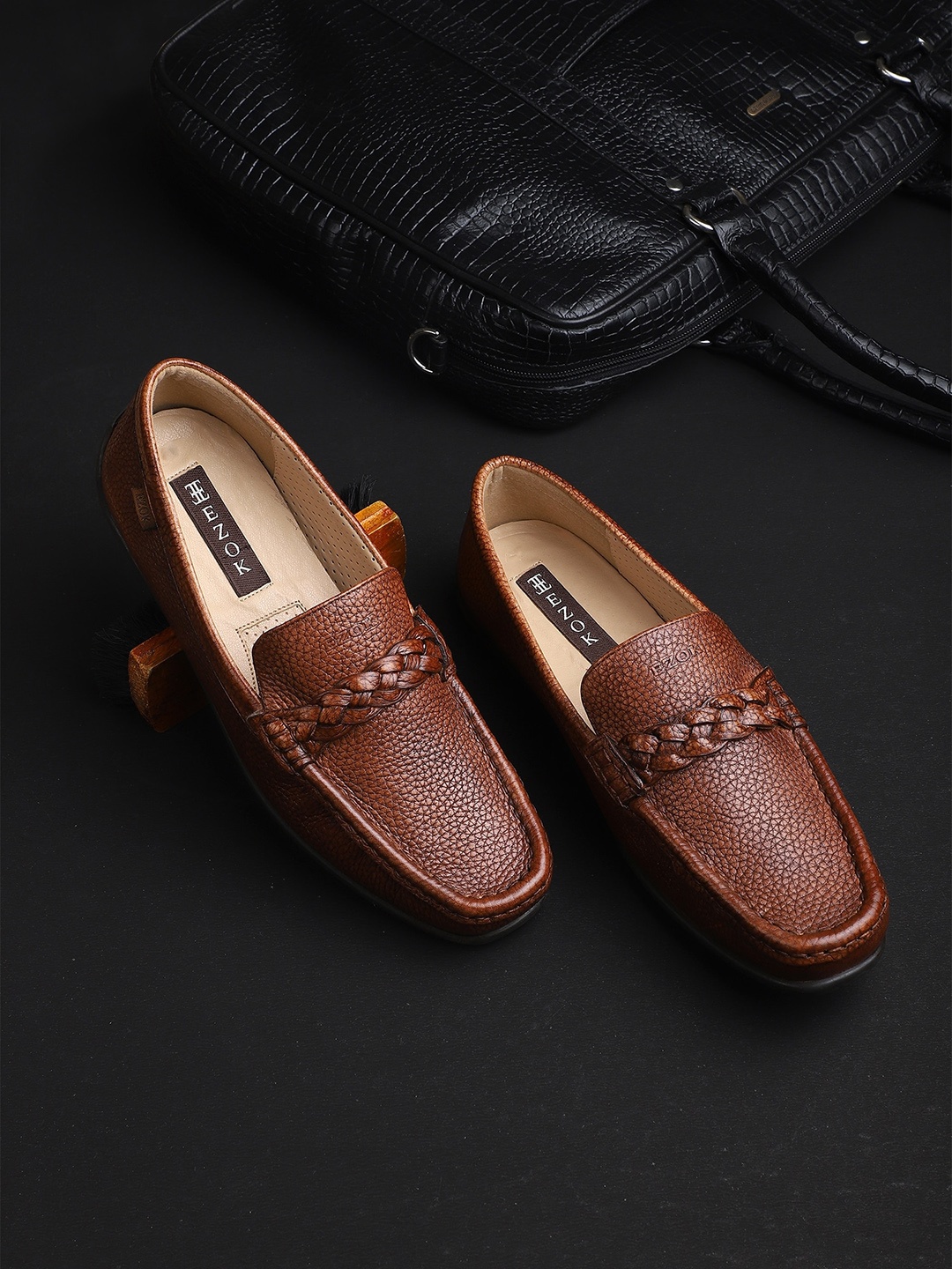 

EZOK Men Tan Textured Leather Loafers
