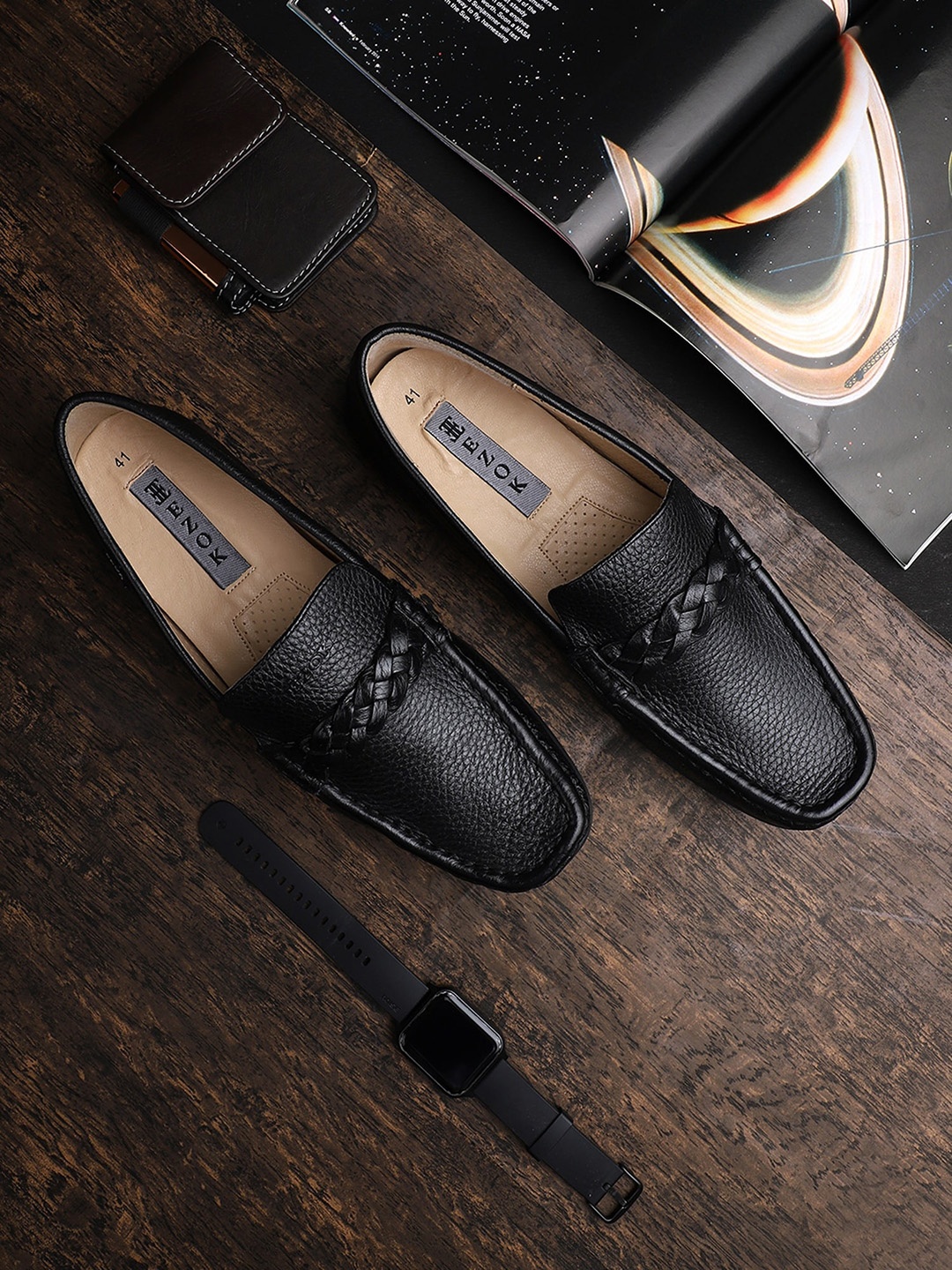

EZOK Men Black Textured Leather Loafers