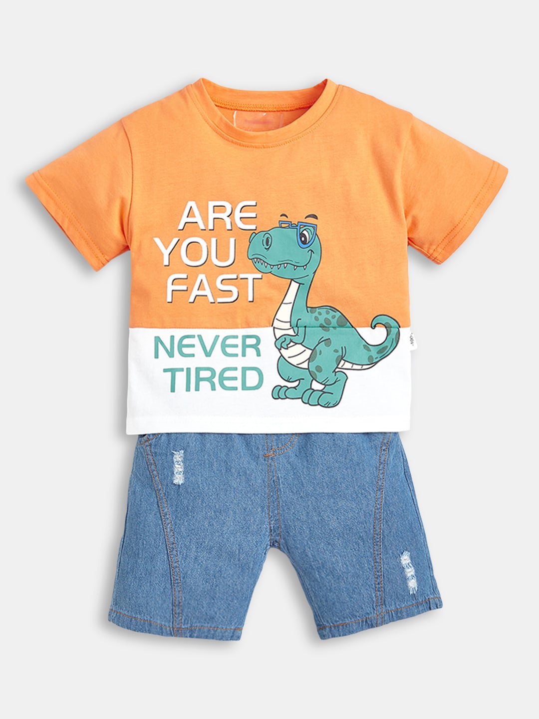 

Hopscotch Boys Orange & Blue Printed Cotton T-shirt with Shorts