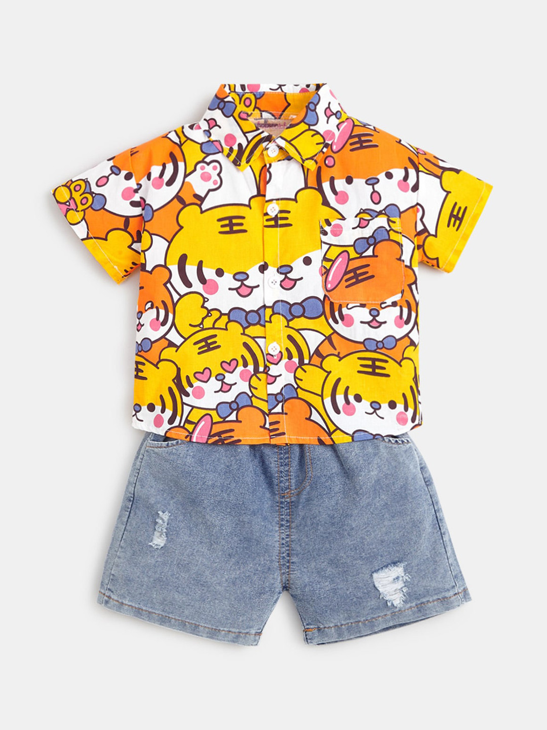 

Hopscotch Boys Yellow & Blue Printed Shirt with Shorts