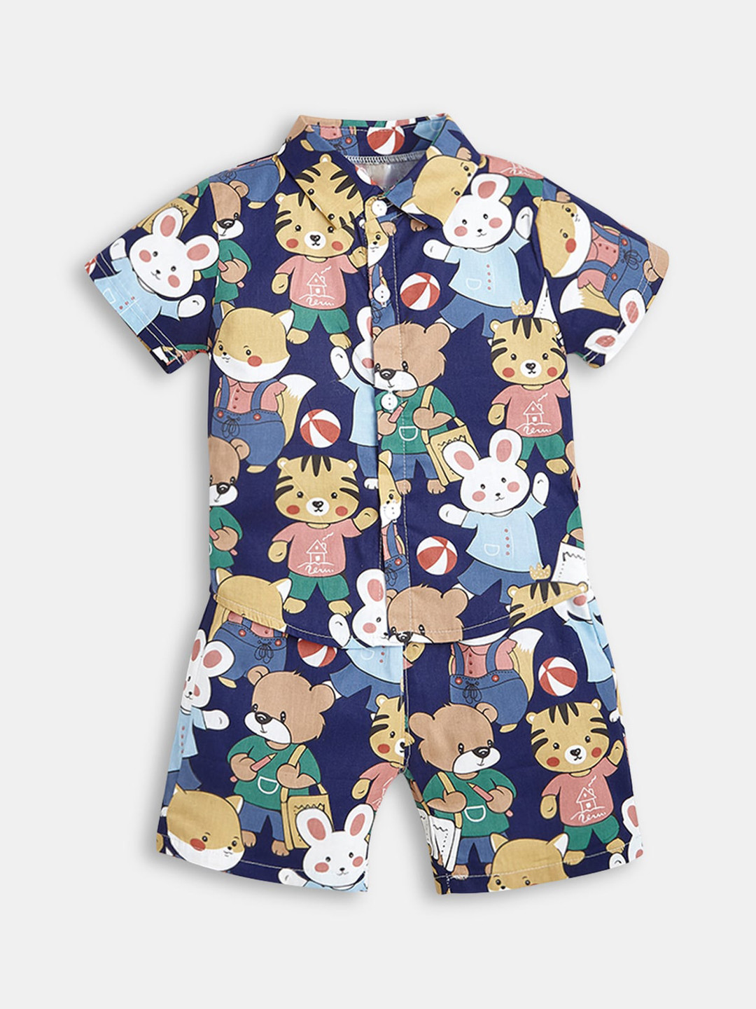 

Hopscotch Boys Blue & Brown Printed Shirt with Shorts