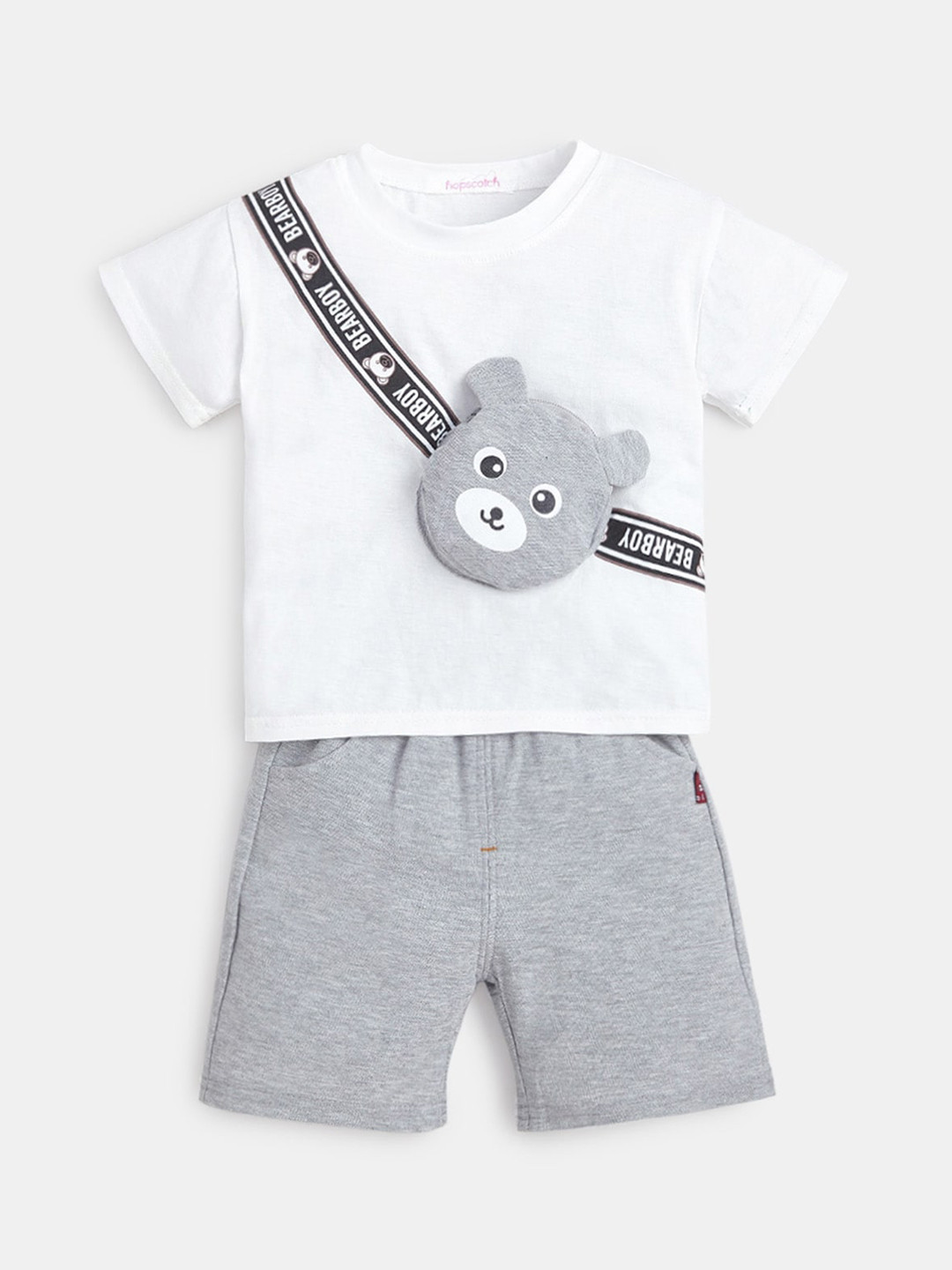 

Hopscotch Boys White & Grey Printed T-shirt with Shorts