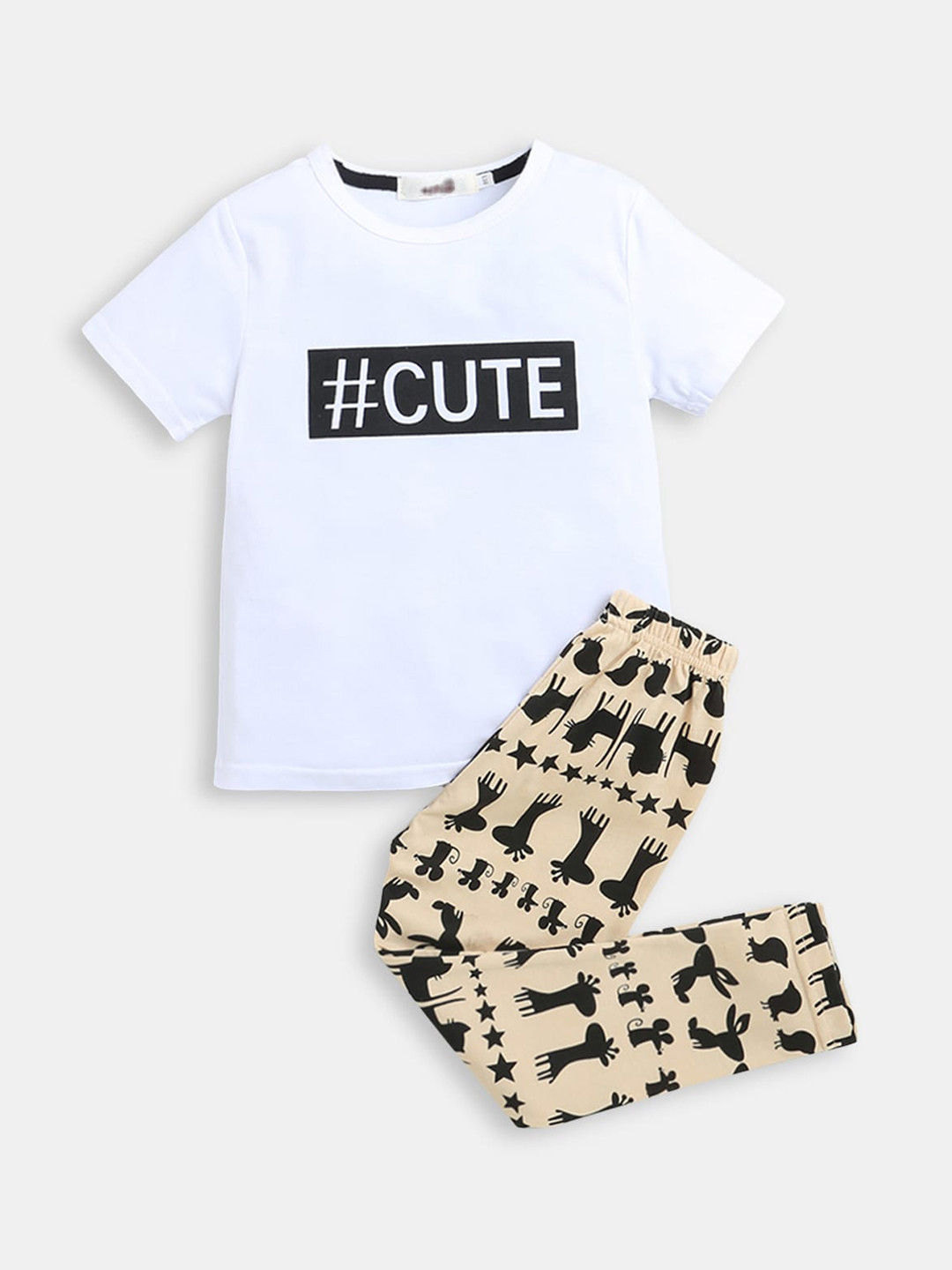 

Hopscotch Girls White And Beige Printed T Shirt And Trouser Clothing Set