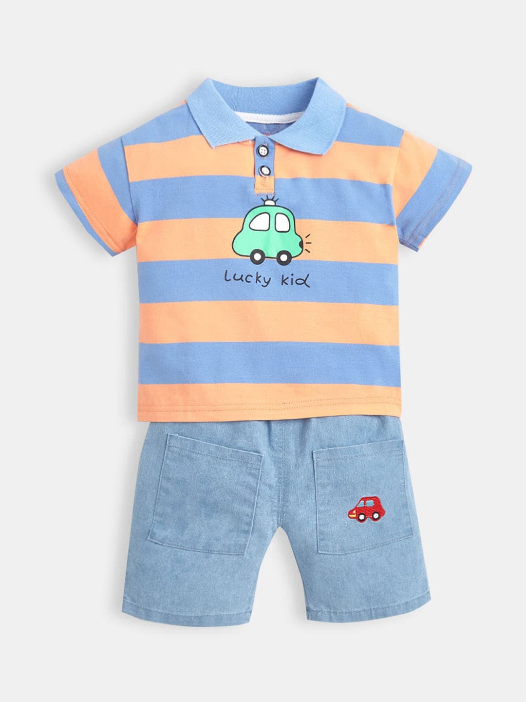 

Hopscotch Boys Orange & Blue Printed Pure Cotton T-shirt with Shorts