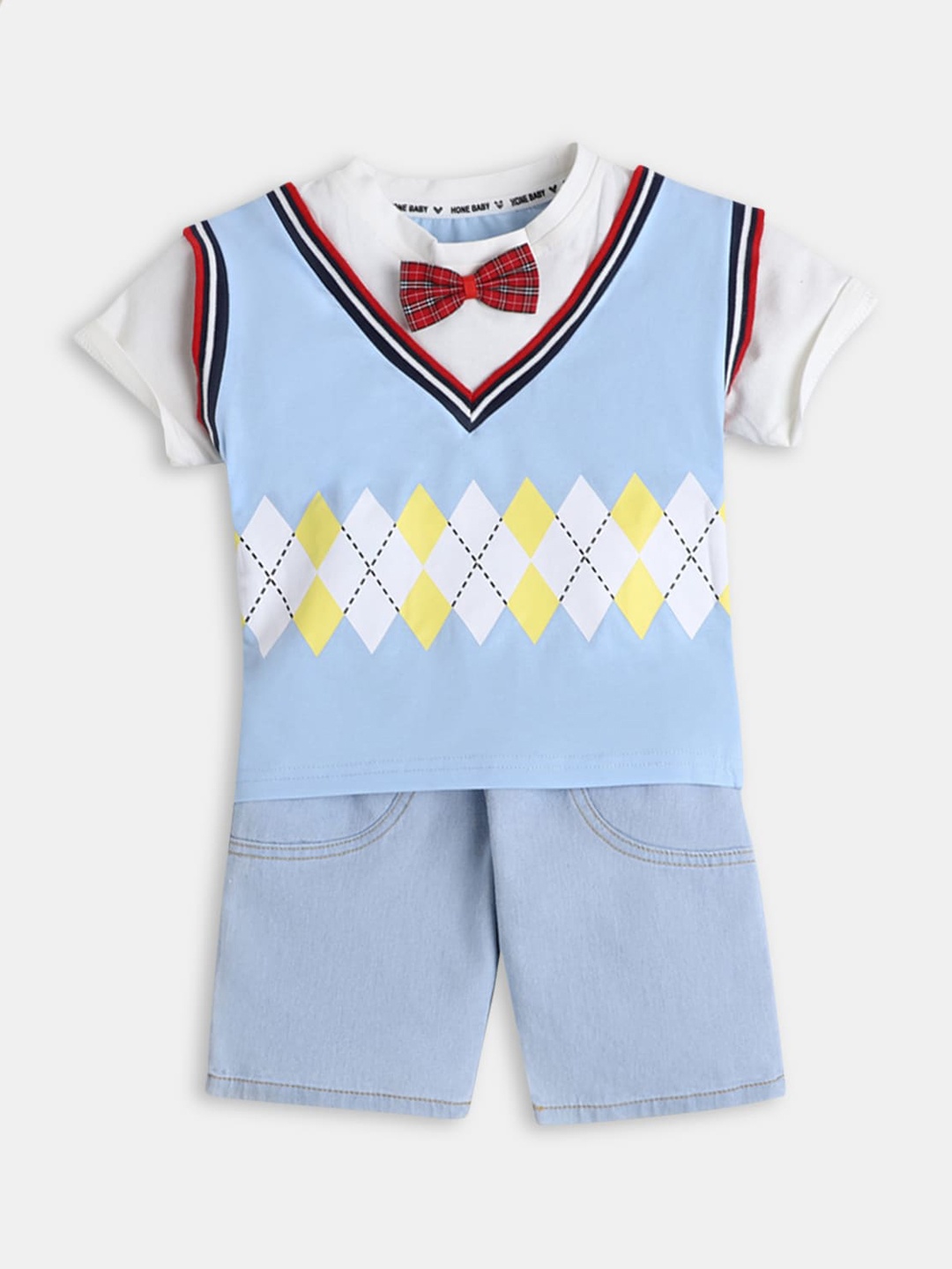 

Hopscotch Boys Blue & White Printed T-shirt with Shorts