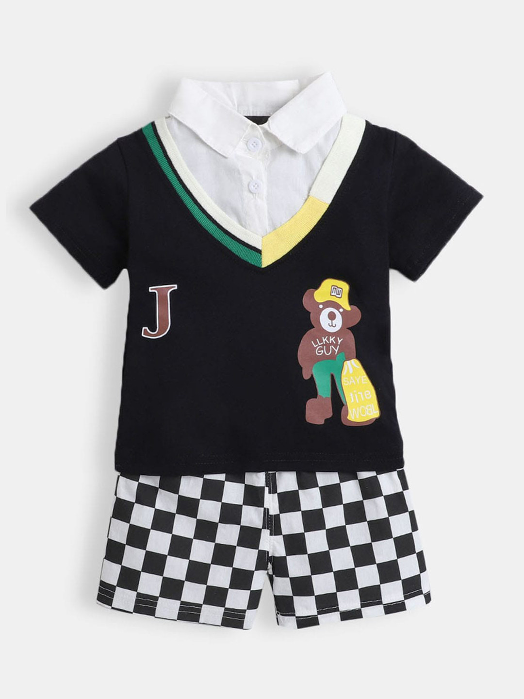 

Hopscotch Boys Black & Black Printed T-shirt and Shirt with Short