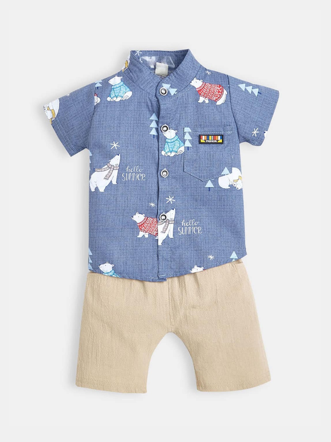 

Hopscotch Boys Navy Blue & Beige Printed Shirt with Shorts