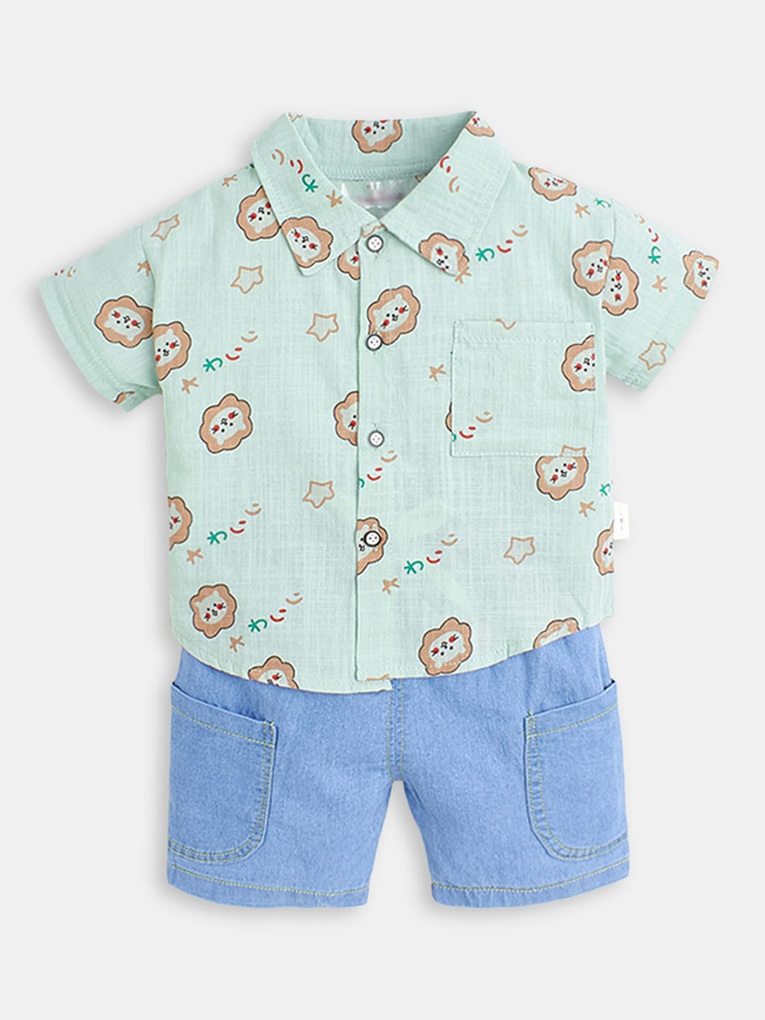 

Hopscotch Boys Green & Blue Printed Shirt with Shorts