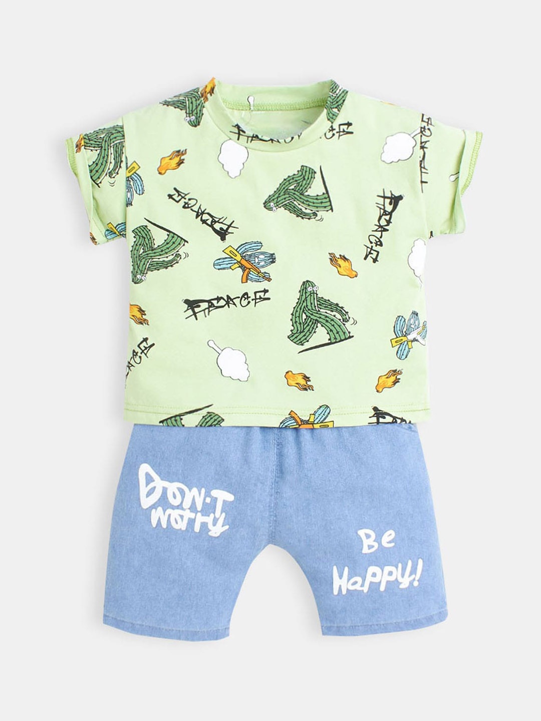 

Hopscotch Boys Green & Blue Pure Cotton Printed T-shirt with Shorts