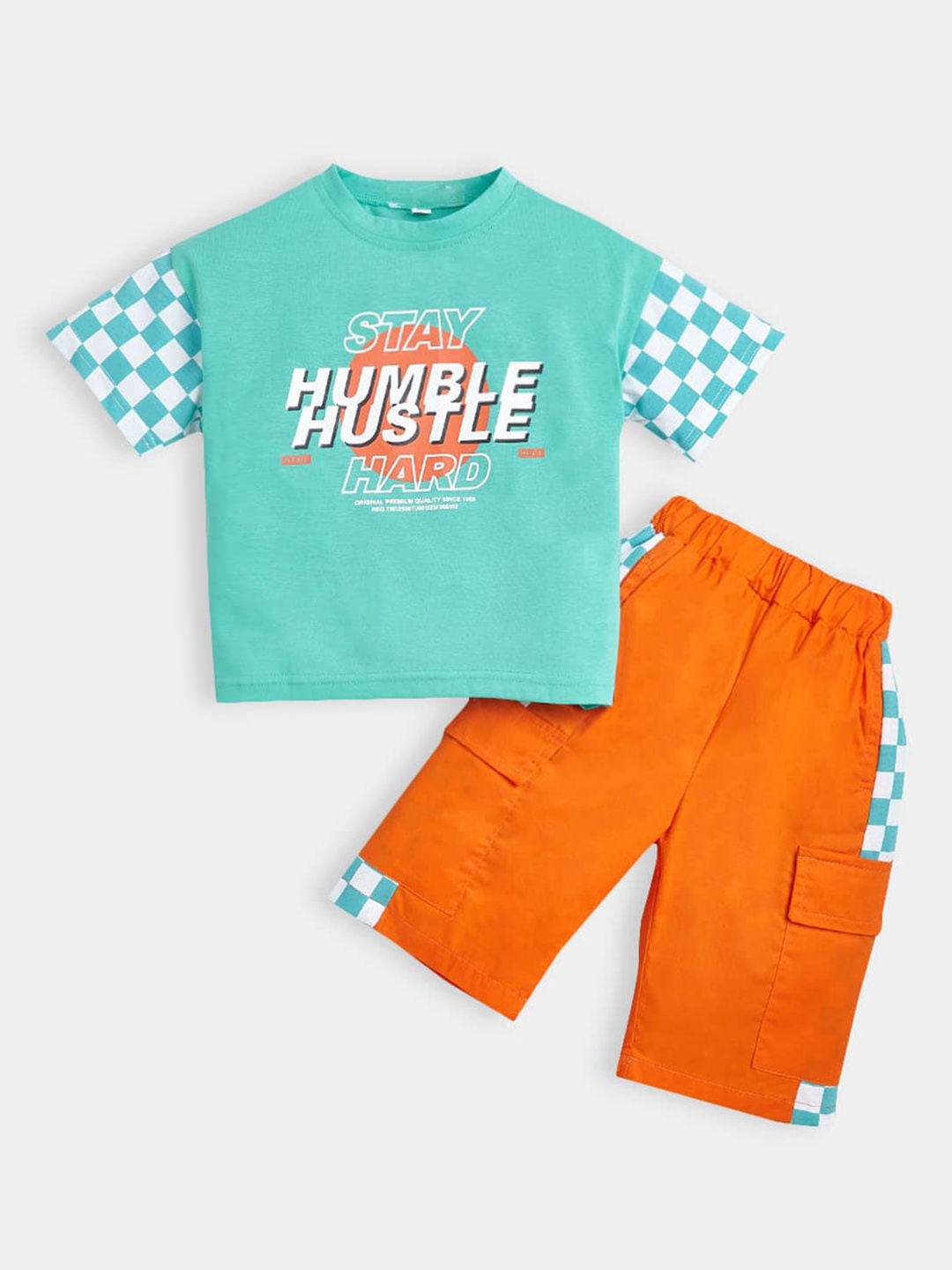 

Hopscotch Boys Green & Orange Printed T-shirt with Shorts