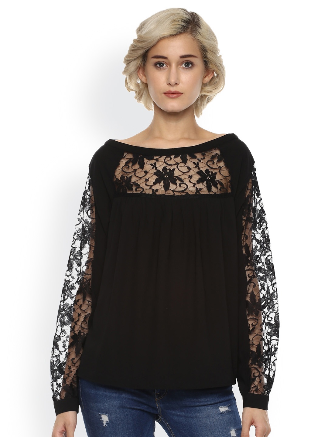 

Harpa Women Black Top with Lace Detail