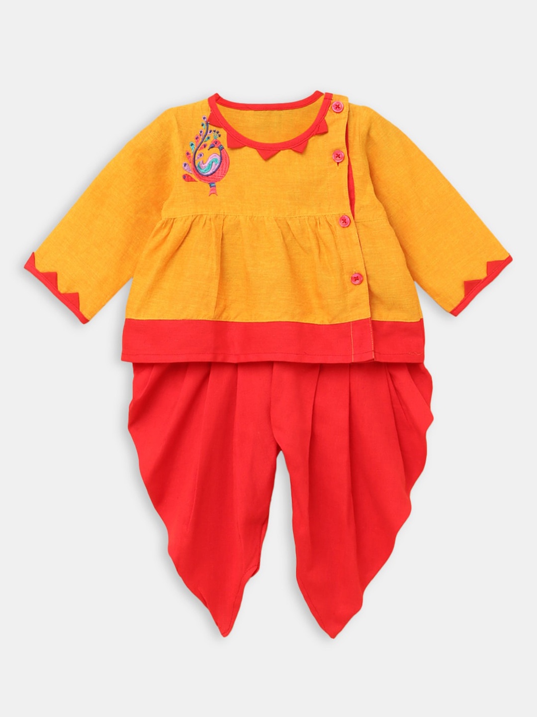 

Hopscotch Girls Yellow Embroidered Pleated Pure Cotton Kurta with Dhoti Pants