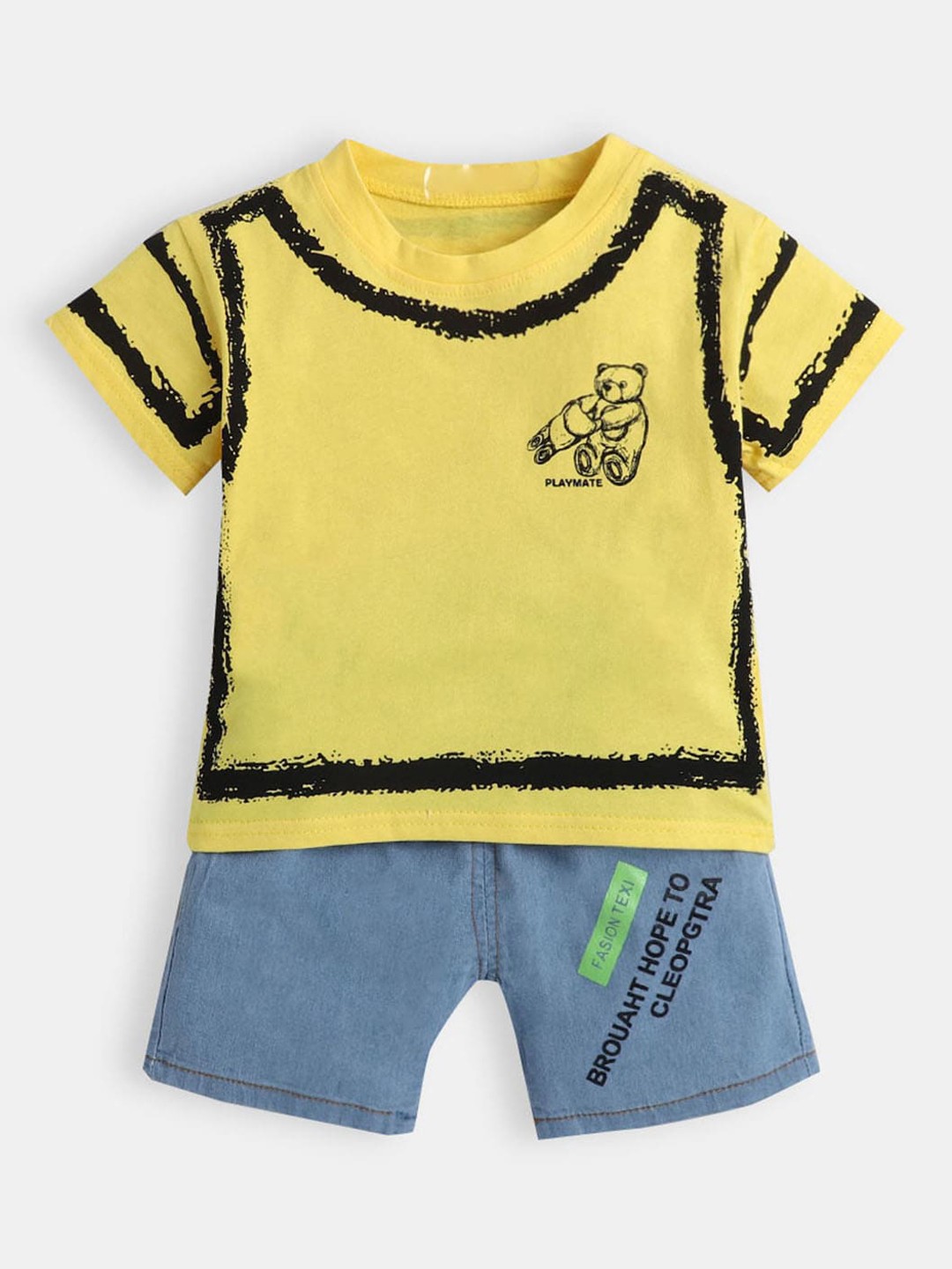 

Hopscotch Boys Yellow Printed Clothing Set