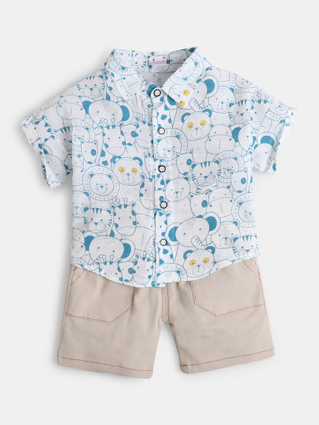 

Hopscotch Boys Blue & Beige Printed Shirt with Shorts, White