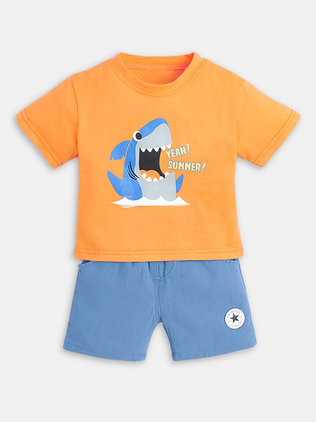 

Hopscotch Boys Orange & Blue Printed T-shirt with Shorts