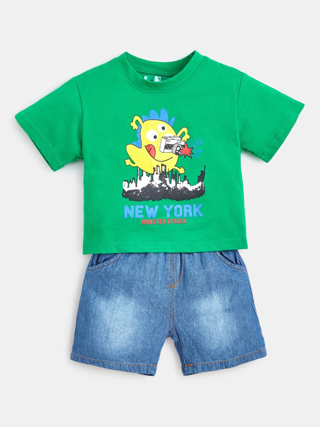 

Hopscotch Boys Green And Blue Graphic Print T Shirt And Short Clothing Set