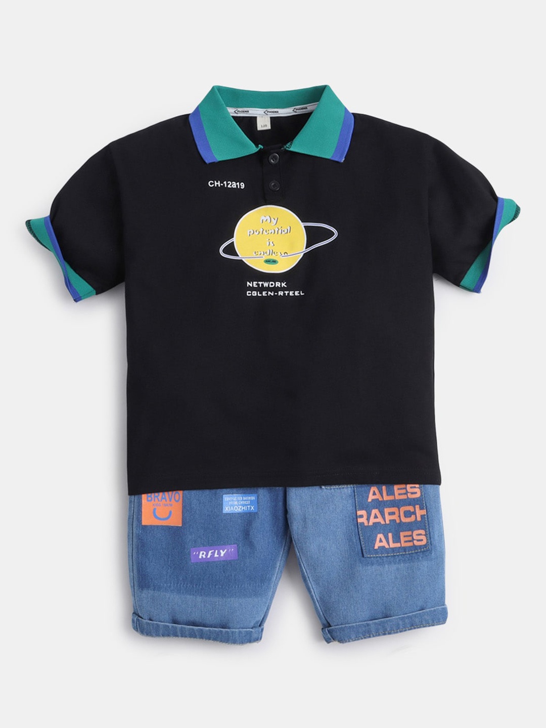 

Hopscotch Boys Black & Blue Printed T-shirt with Shorts
