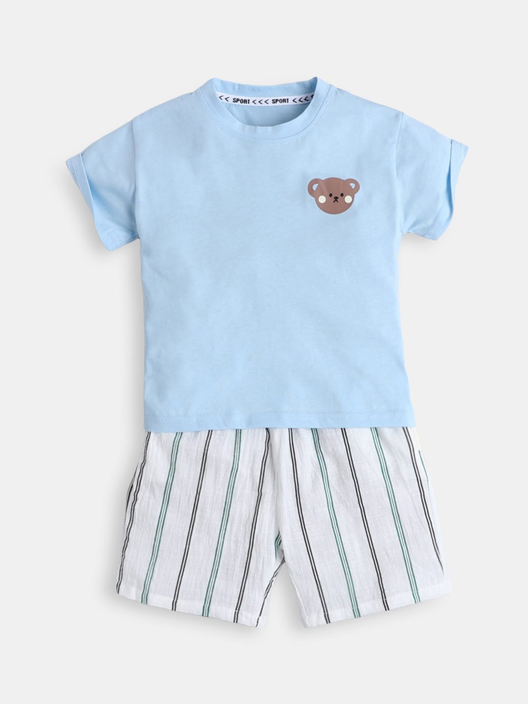 

Hopscotch Boys Blue & White Printed T-shirt with Shorts