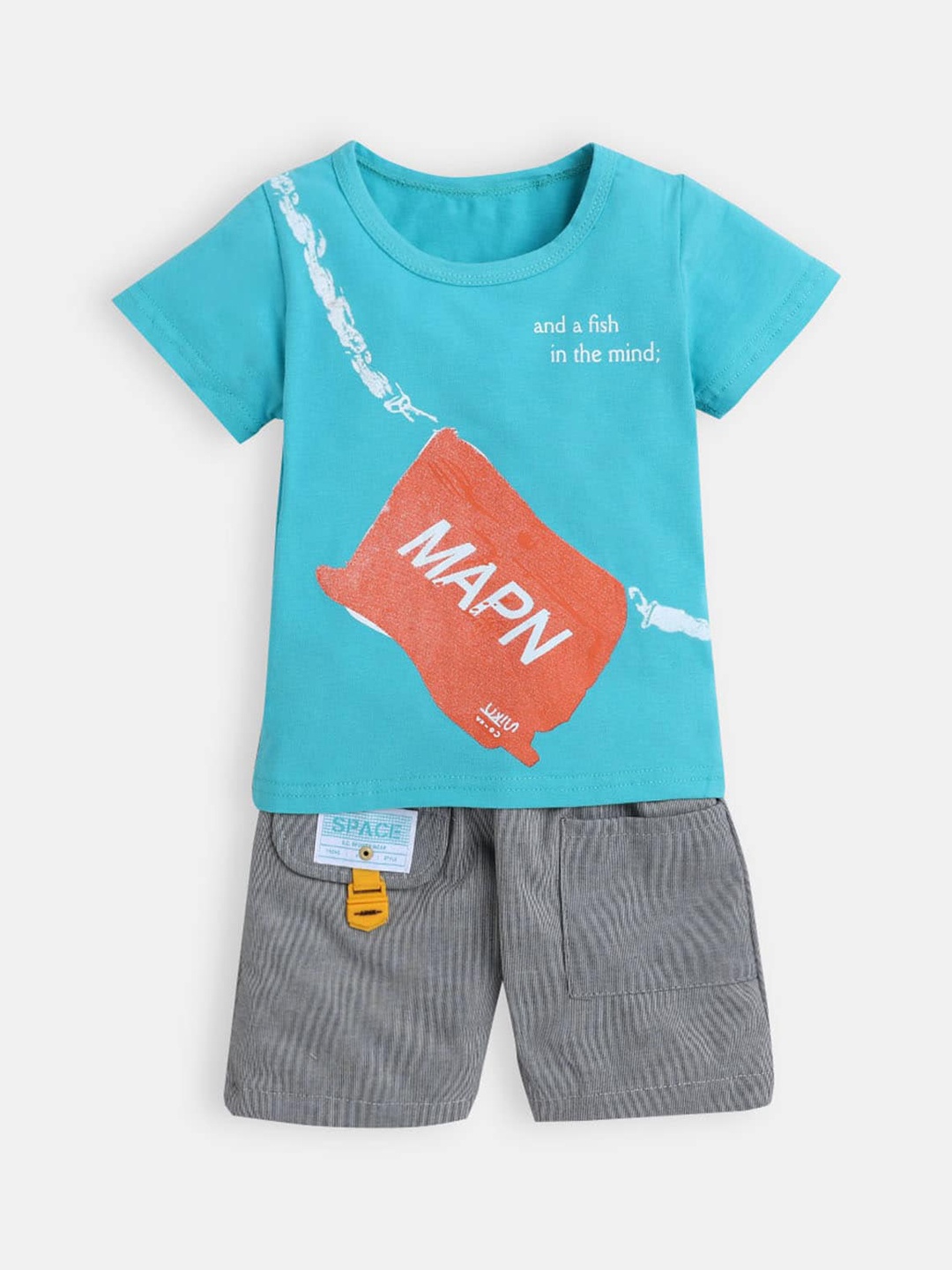 

Hopscotch Boys Blue & Grey Printed T-shirt with Shorts