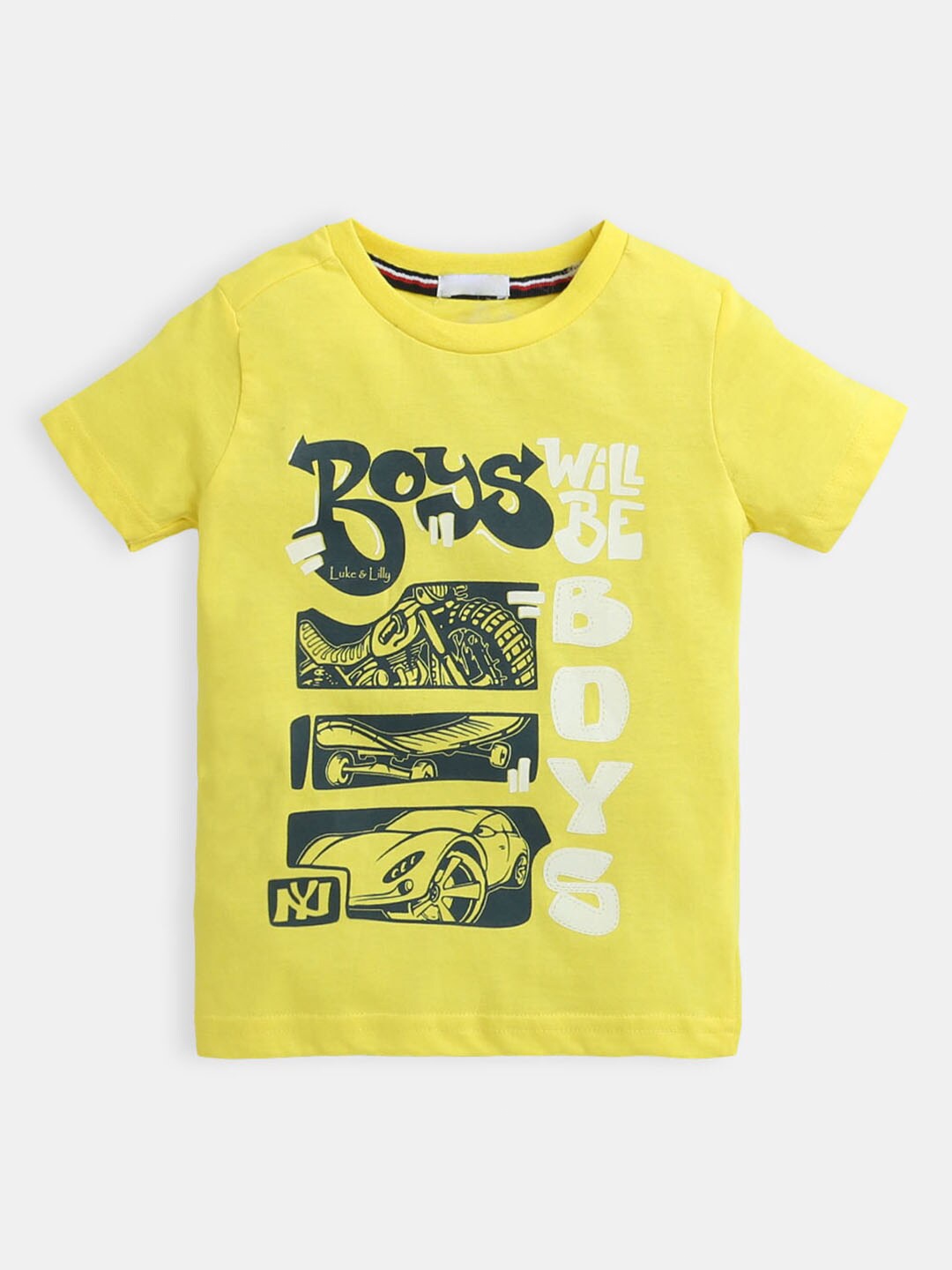 

Hopscotch Boys Yellow Typography Printed Cotton T-shirt