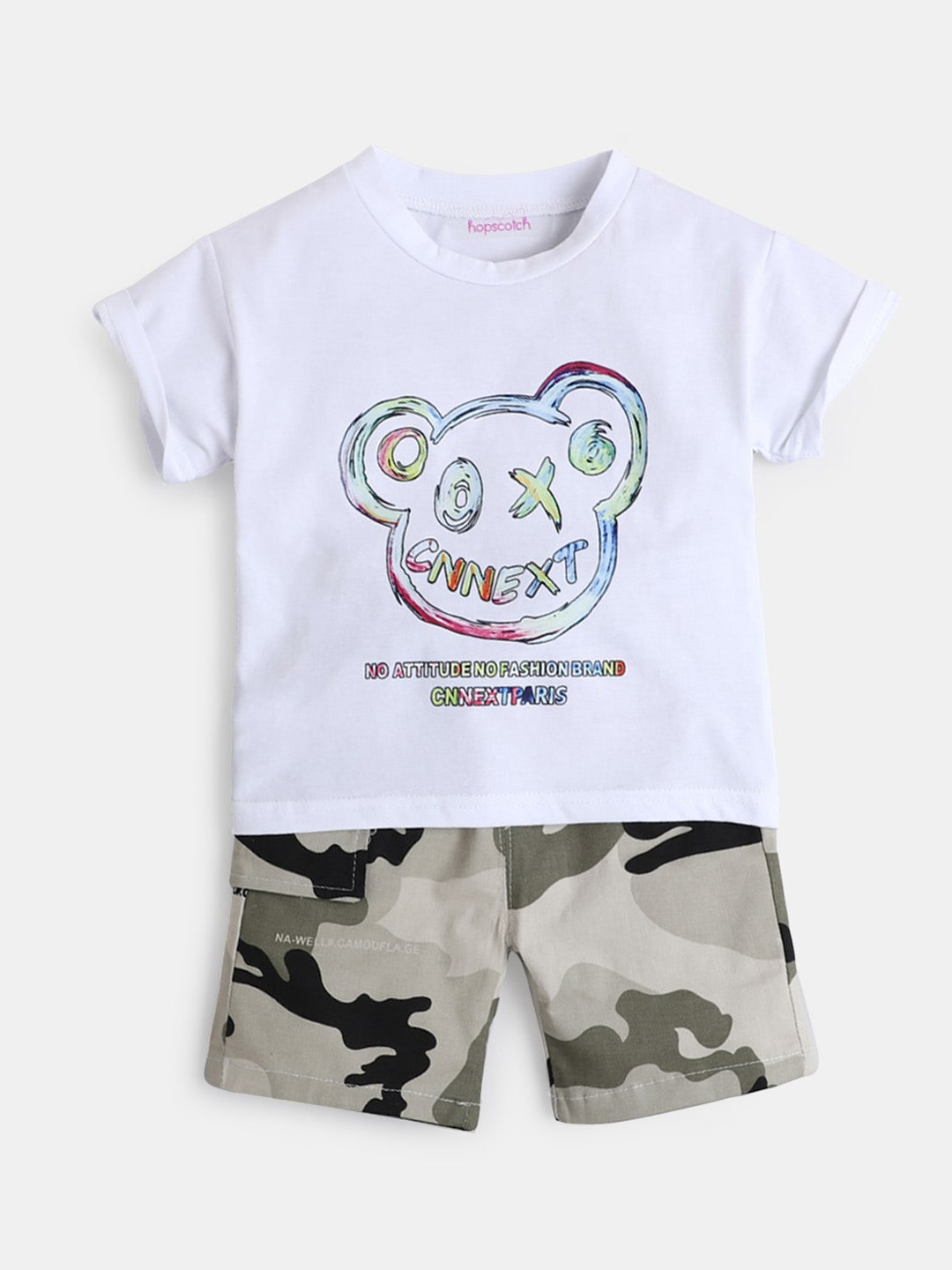 

Hopscotch Boys White & Beige Printed T-shirt with Shorts