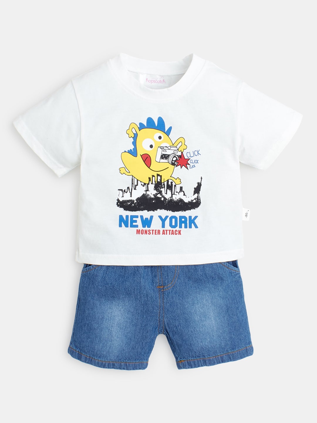 

Hopscotch Boys White & Blue Printed Pure Cotton T-shirt with Shorts