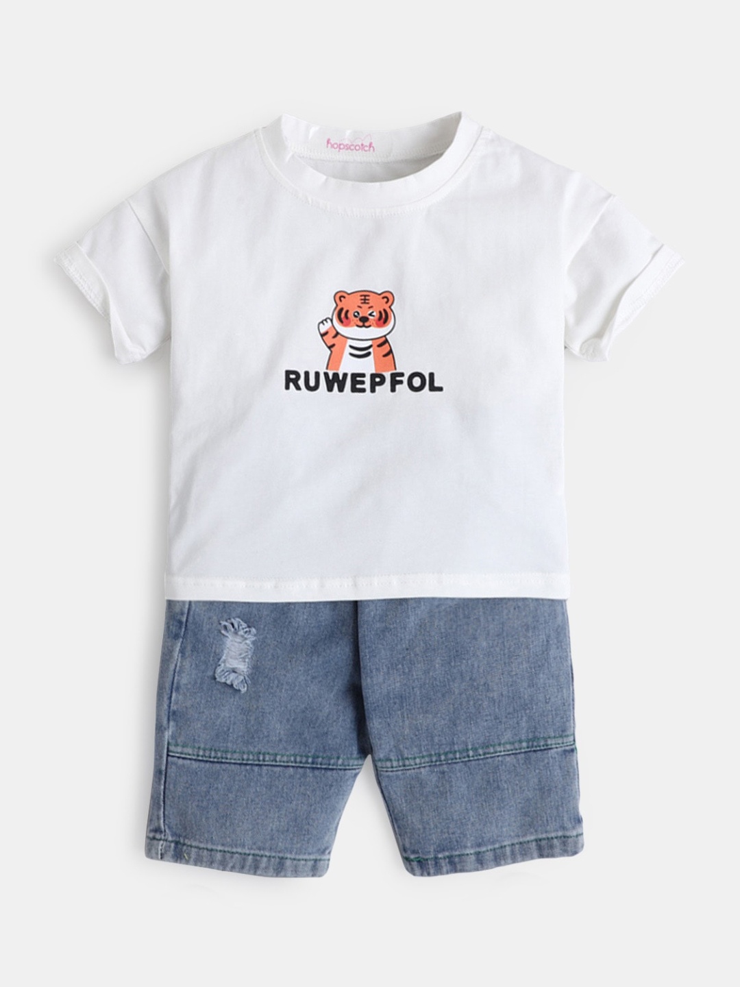 

Hopscotch Boys White & Blue Printed T-shirt with Shorts