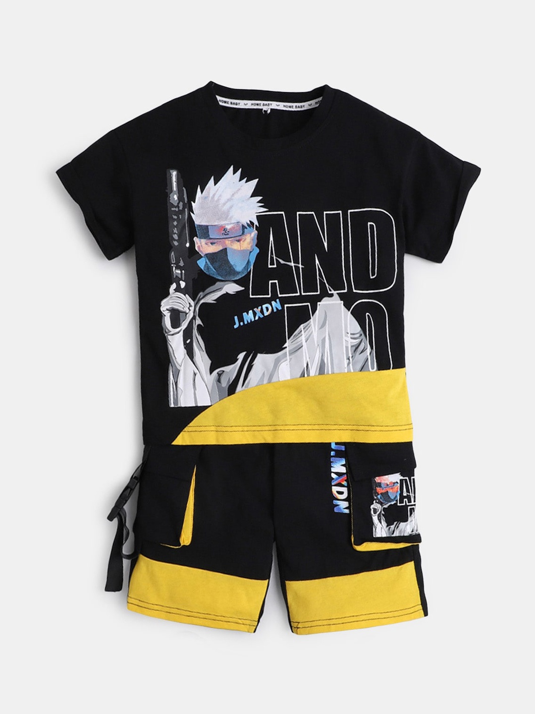 

Hopscotch Boys Black & Yellow Printed T-shirt with Shorts