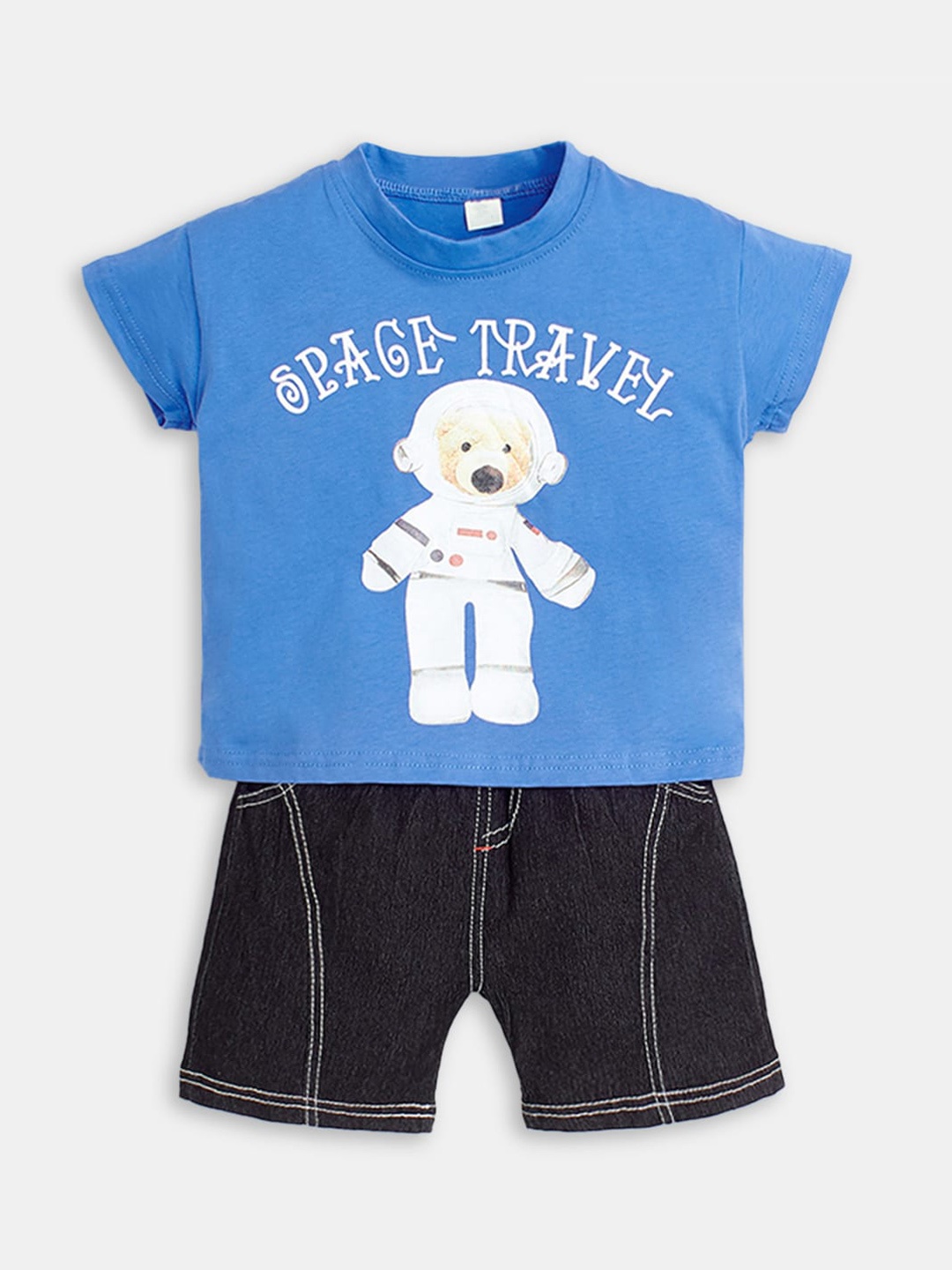 

Hopscotch Boys Blue & Black Printed T-shirt with Shorts