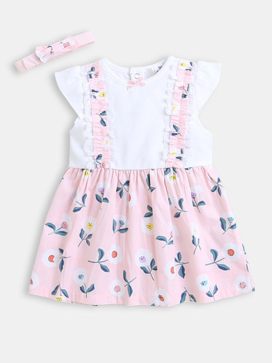 

Hopscotch Girls Pink & White Floral Printed Pure Cotton A-Line Dress