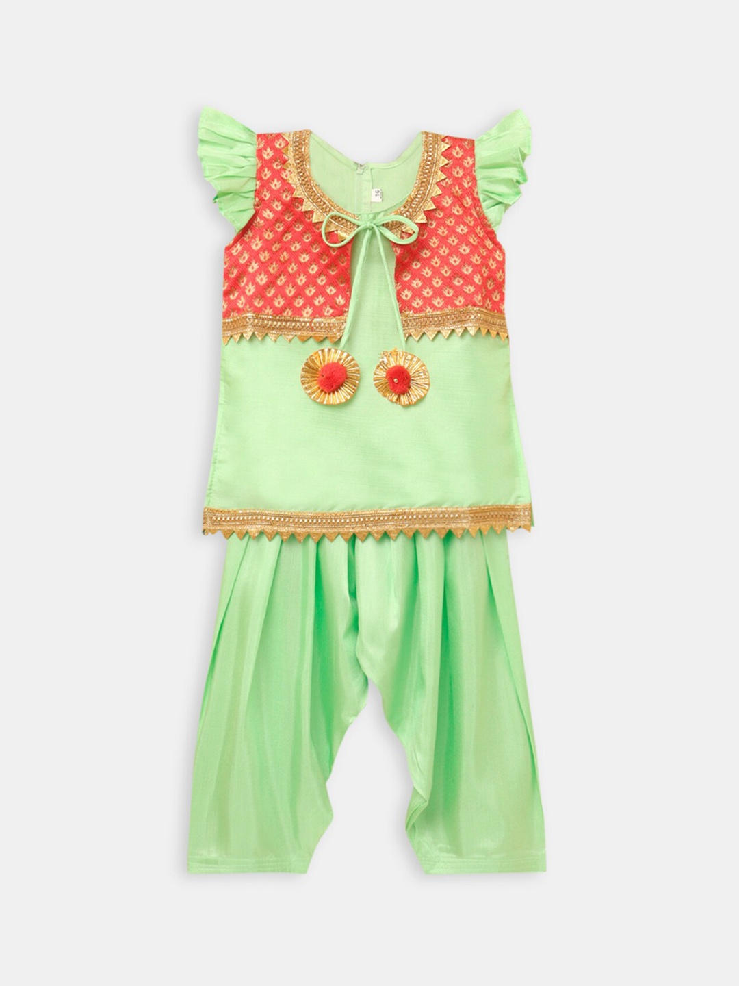 

Hopscotch Girls Green Pleated Pure Silk Kurta with Trousers & With Dupatta