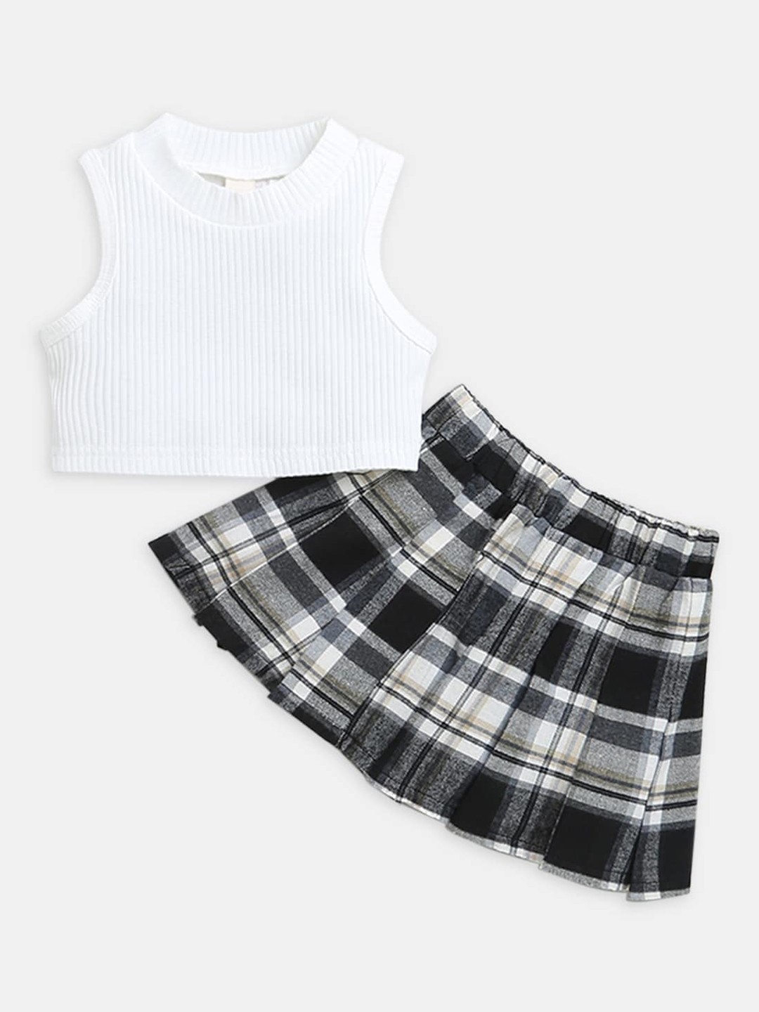 

Hopscotch Girls White & Black Solid T-shirt with Checked Skirt