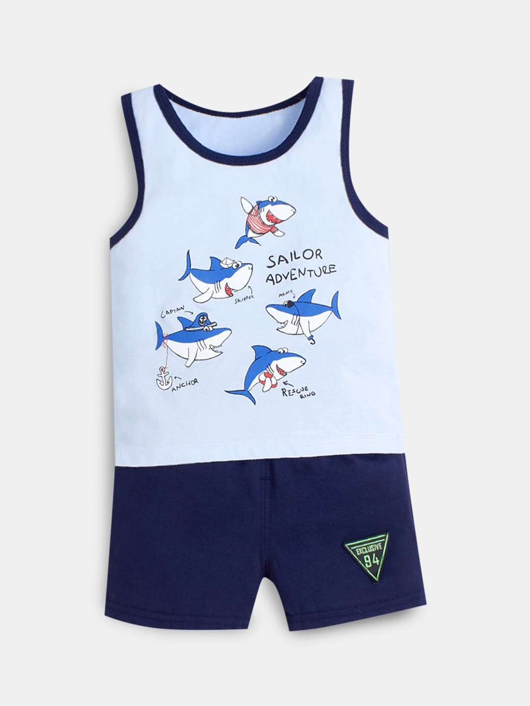 

Hopscotch Boys Blue & Black Printed Pure Cotton Top with Shorts