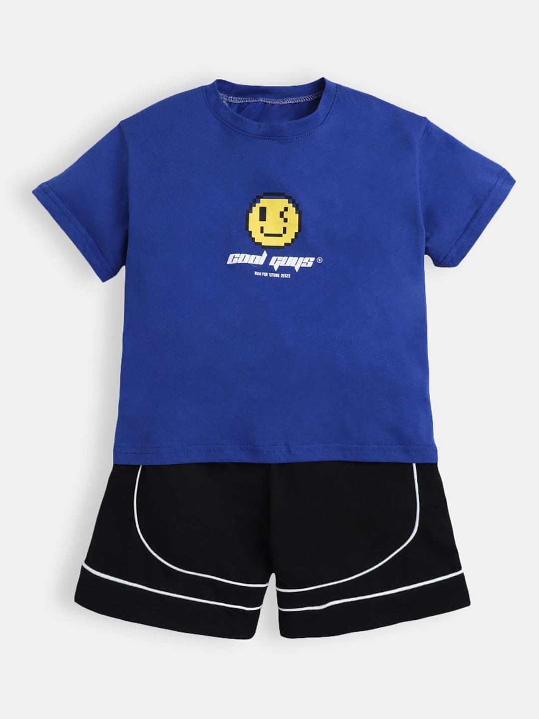 

Hopscotch Boys Blue & Black Printed T-shirt with Shorts