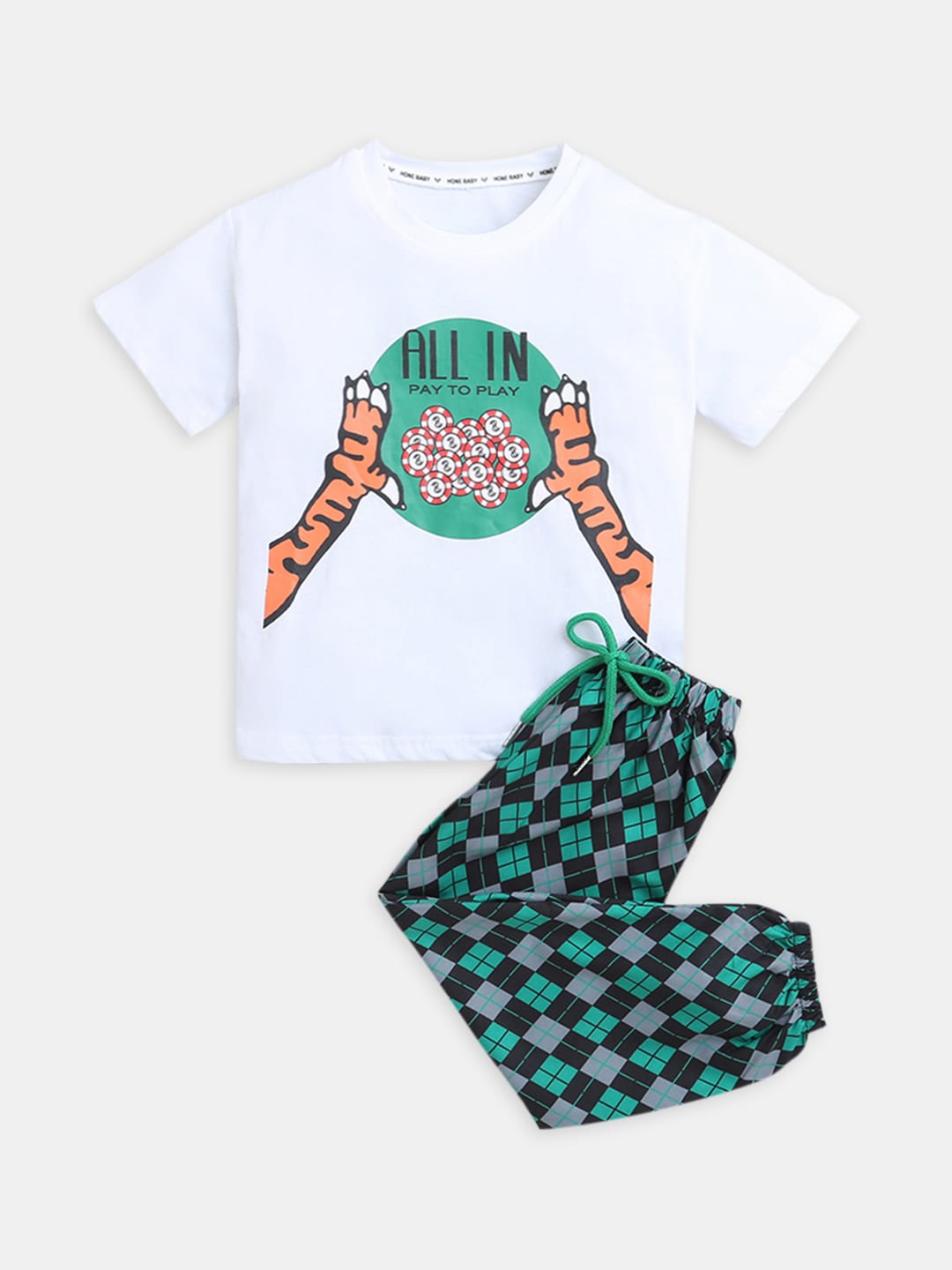 

Hopscotch Boys White & Green Printed T-shirt with Trousers