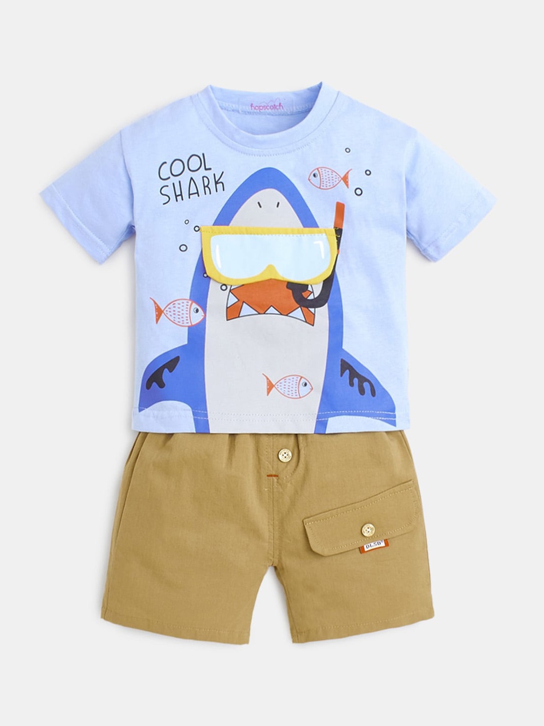 

Hopscotch Boys Blue & Brown Printed T-shirt with Solid Shorts