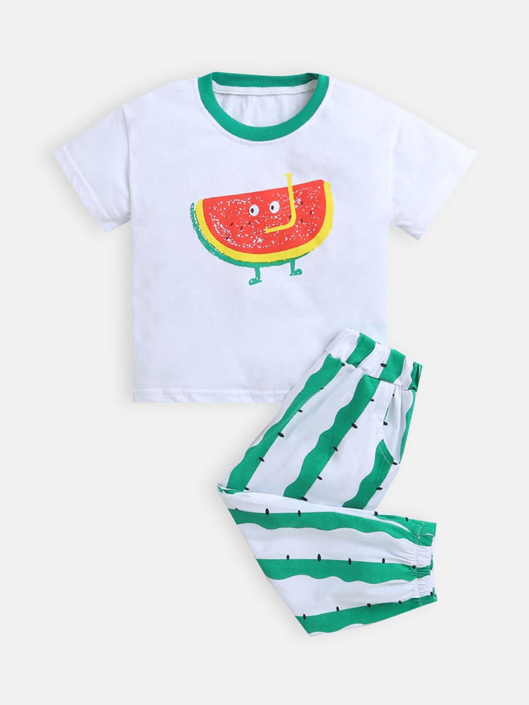 

Hopscotch Kids Green & White Printed T-shirt with Trousers