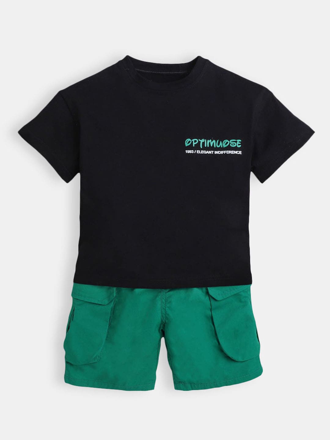 

Hopscotch Boys Black & Green Printed T-shirt with Shorts