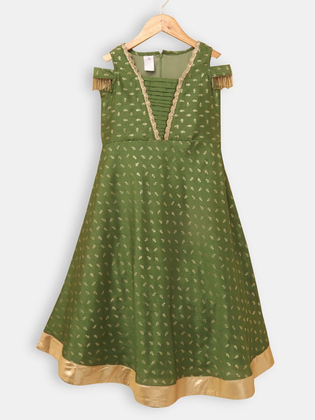 

Hopscotch Girls Olive Green & Gold-Toned Floral A-Line Dress