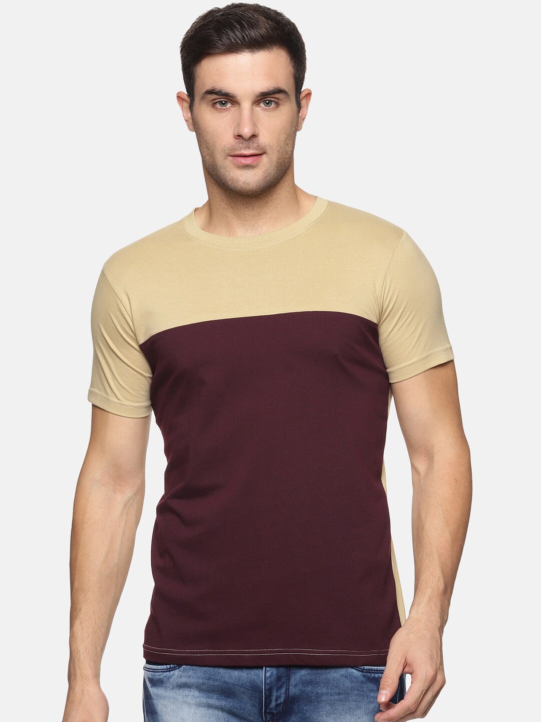 

Trends Tower Men Beige & Maroon Colourblocked T-shirt