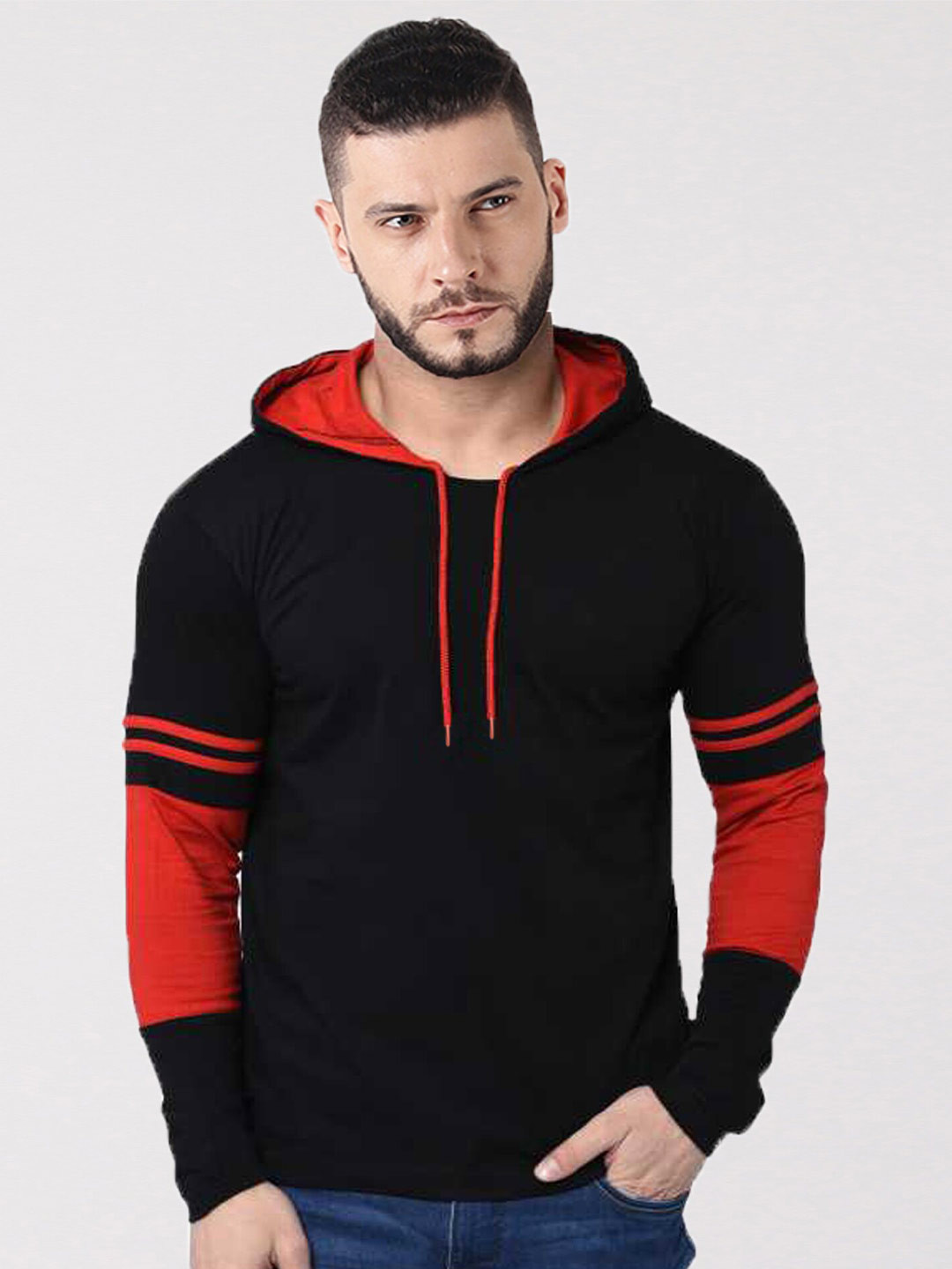 

Trends Tower Men Black And Orange Color Blocked Hooded T-shirt