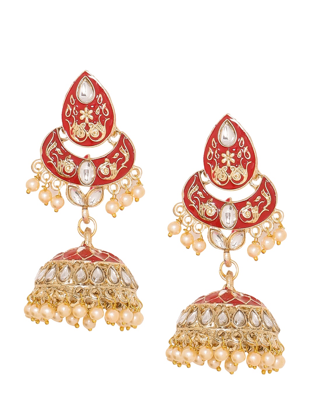 

Sanjog Red Gold Toned Classic Jhumkas Earrings