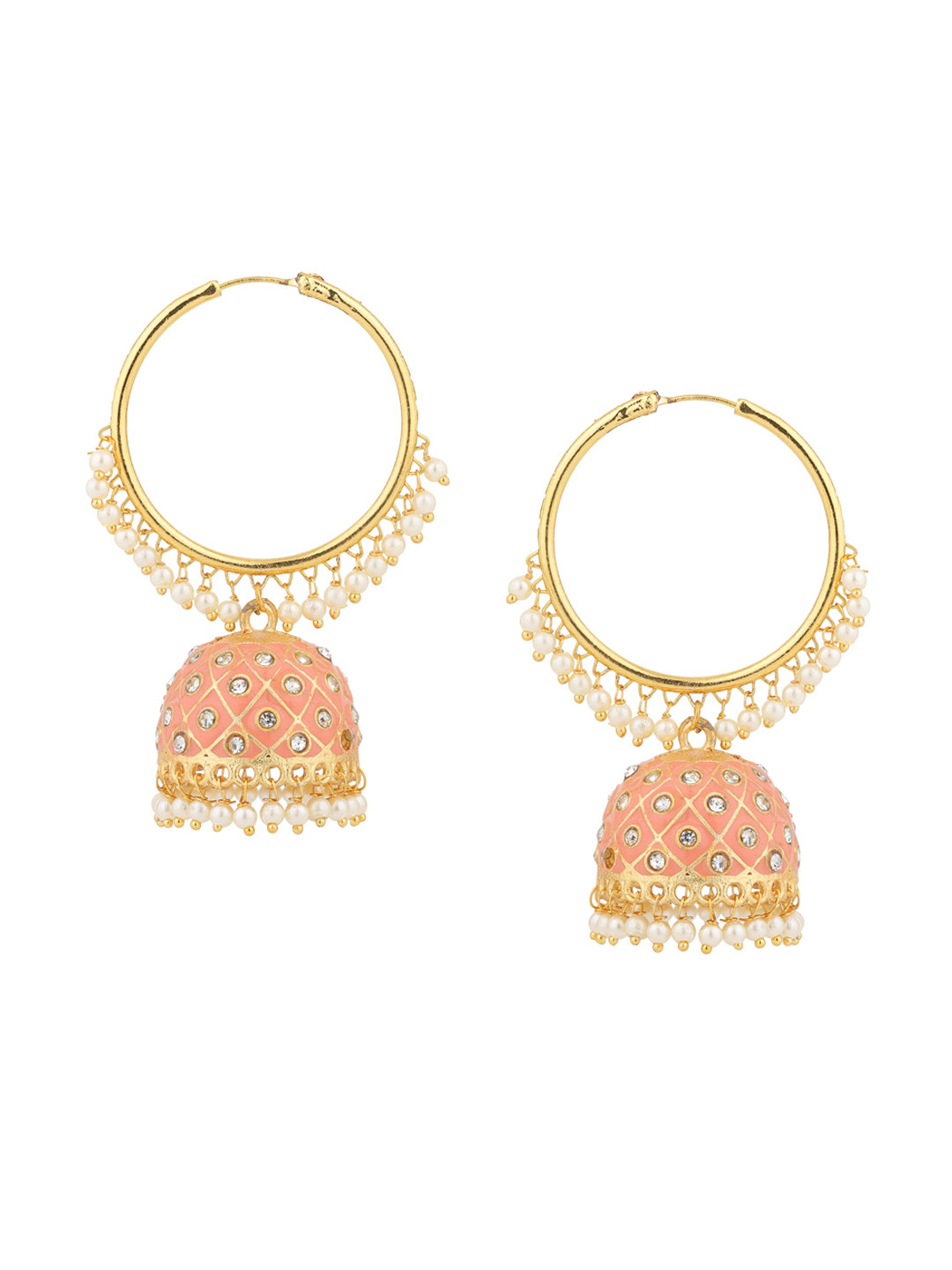

Sanjog Peach & White Gold-Plated Dome Shaped Jhumkas Earrings